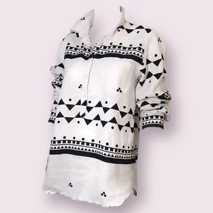 J Crew Linen Popover Top Button Up Aztec Print White